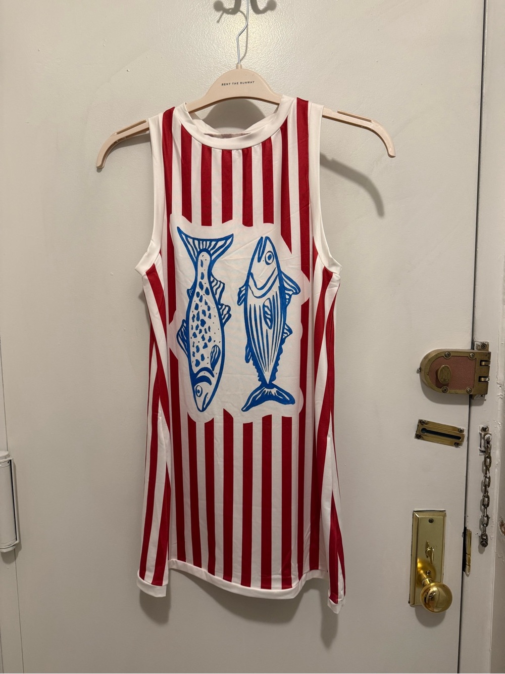 SHEIN Red & White Striped Mini Dress with Blue Fish Print